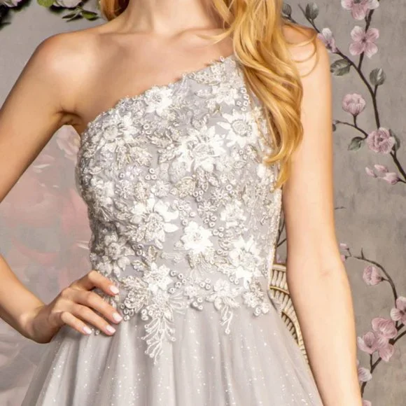 NEW LONG A-LINE SLEEVELESS MESH BEADED DRESS WITH ONE SHOULDER NECKLINE GL3384